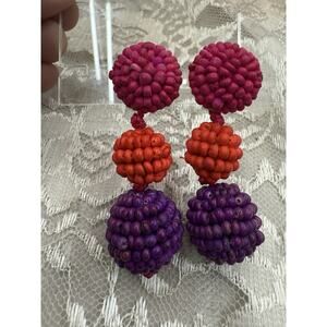 Vintage 80s 3” Wooden Dangle Bright Bold Beads Beadwork Earrings Summer Resort